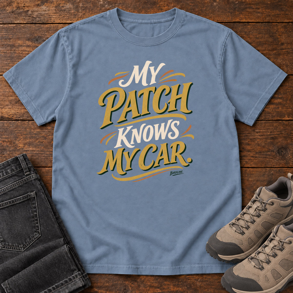My Patch Knows My Car T-Shirt in Blue Jean
