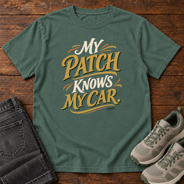 My Patch Knows My Car T-Shirt in Blue Spruce, front view