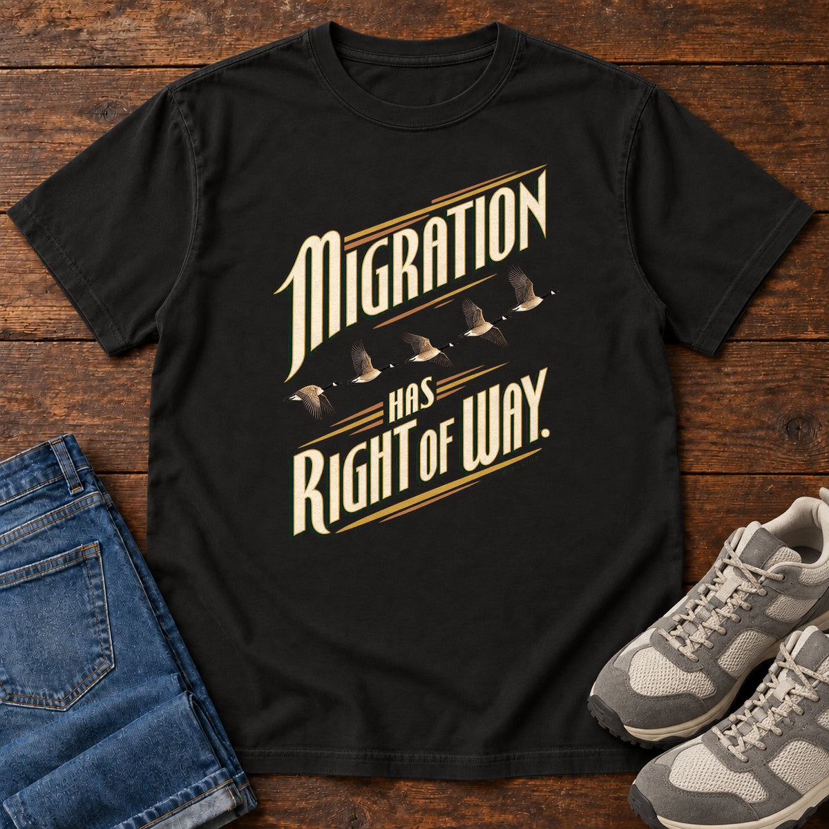 Migration Has Right of Way T-Shirt in Black, right side