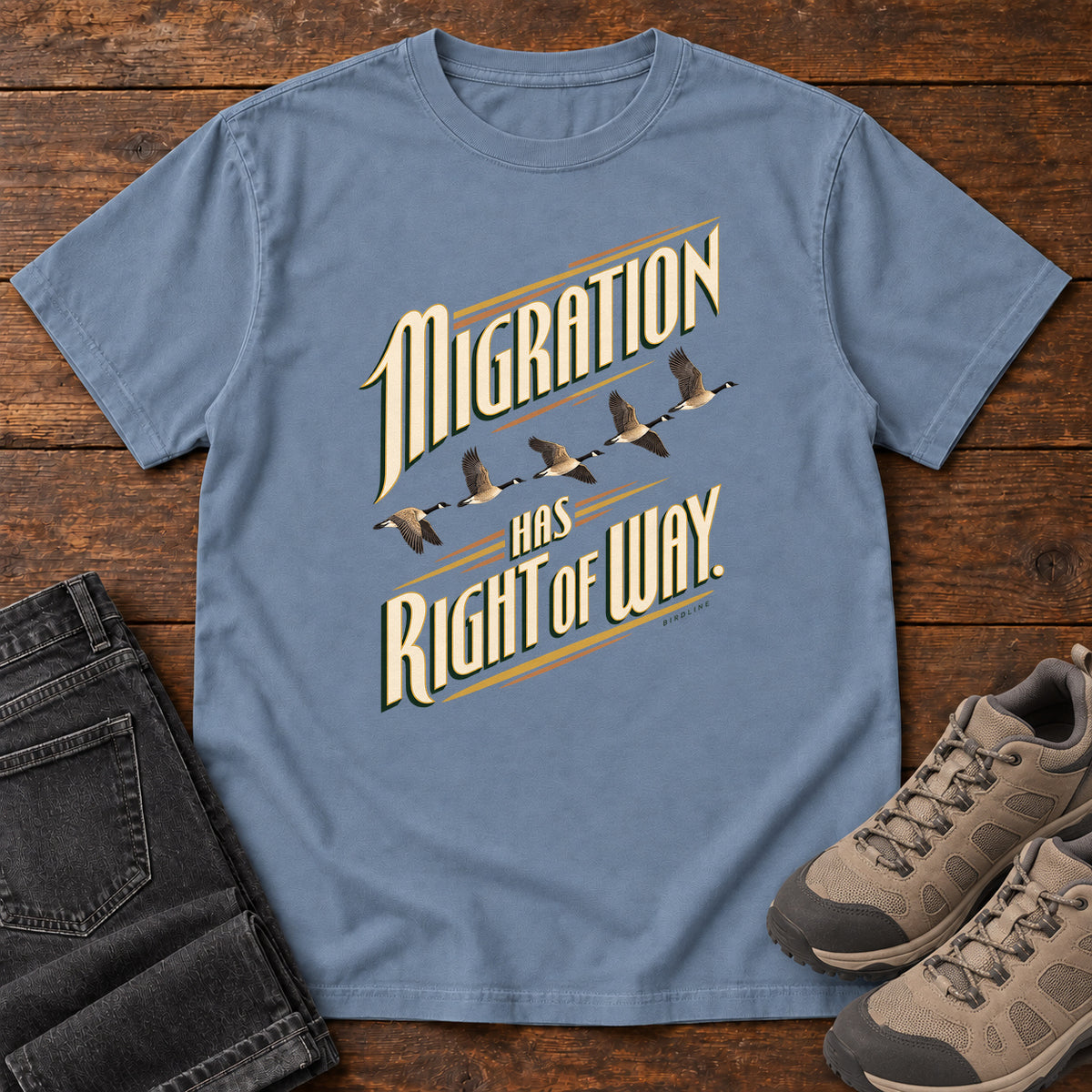 Migration Has Right of Way T-Shirt in Blue Jean, right side