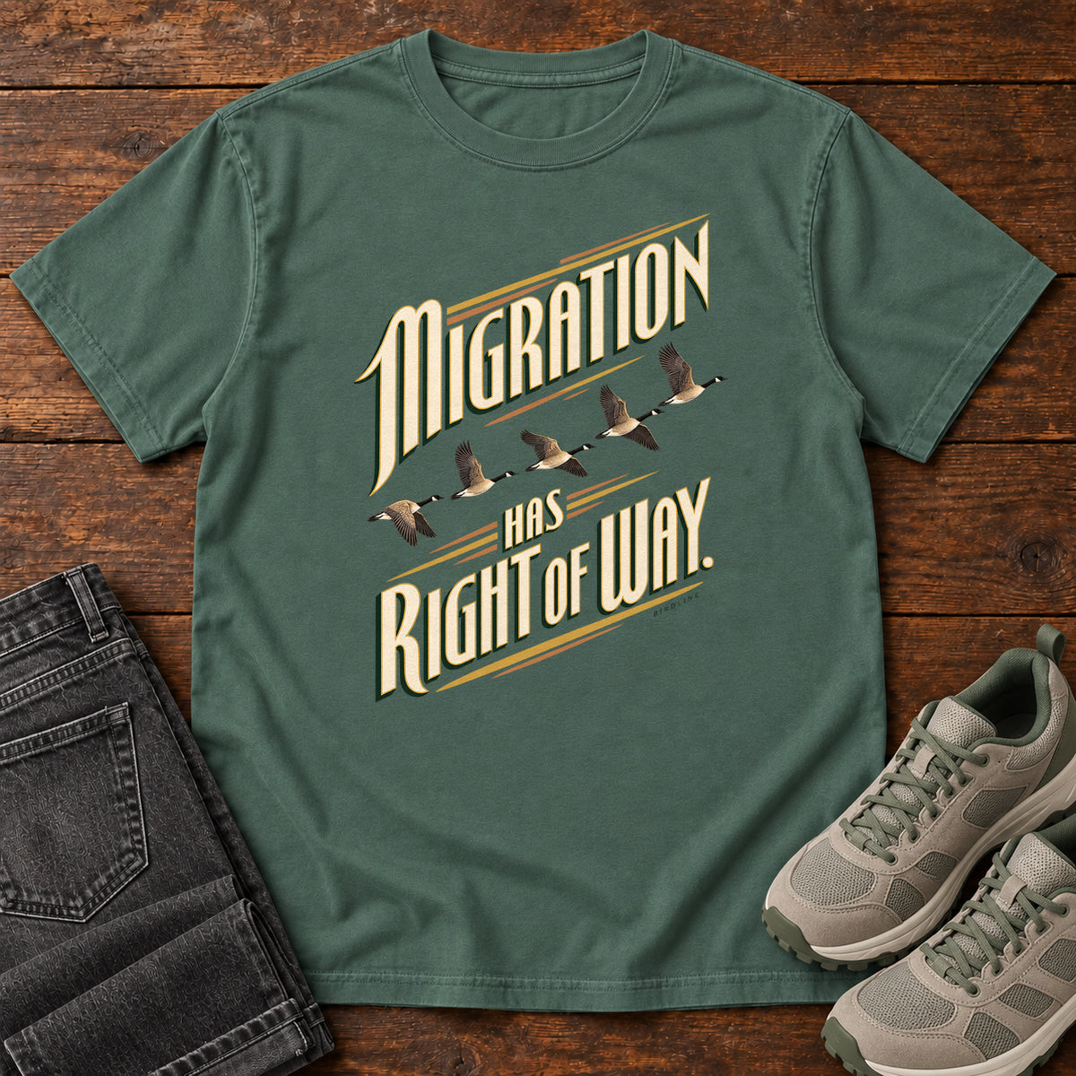 Migration Has Right of Way T-Shirt in Blue Spruce, right side