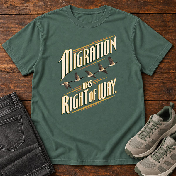 Migration Has Right of Way T-Shirt in Blue Spruce, front view