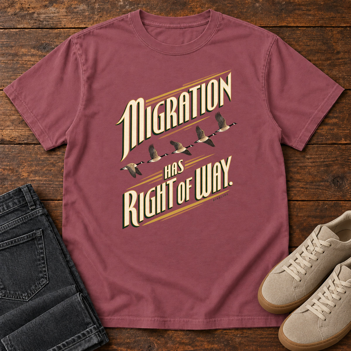 Migration Has Right of Way T-Shirt in Brick, right side