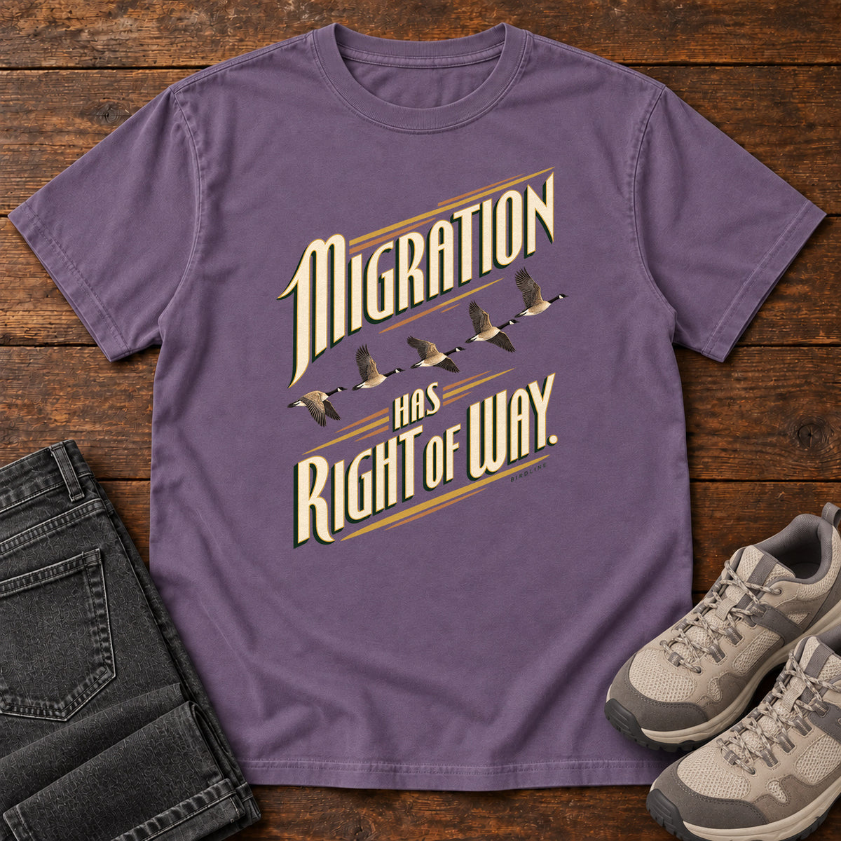 Migration Has Right of Way T-Shirt in Grape, right side