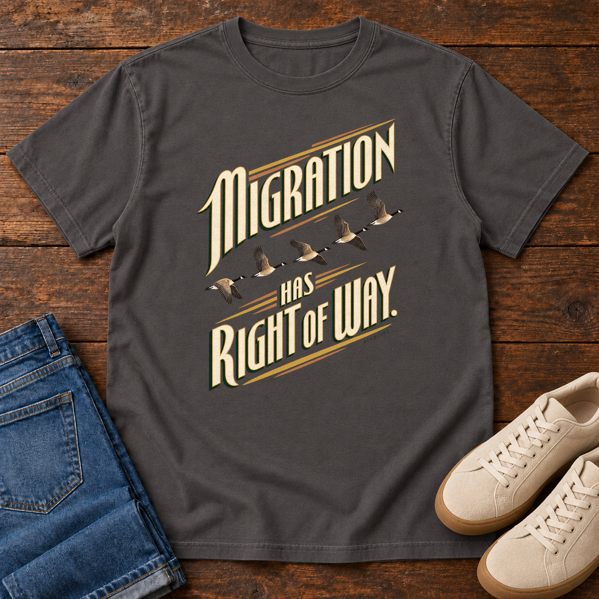 Migration Has Right of Way T-Shirt in Graphite, right side