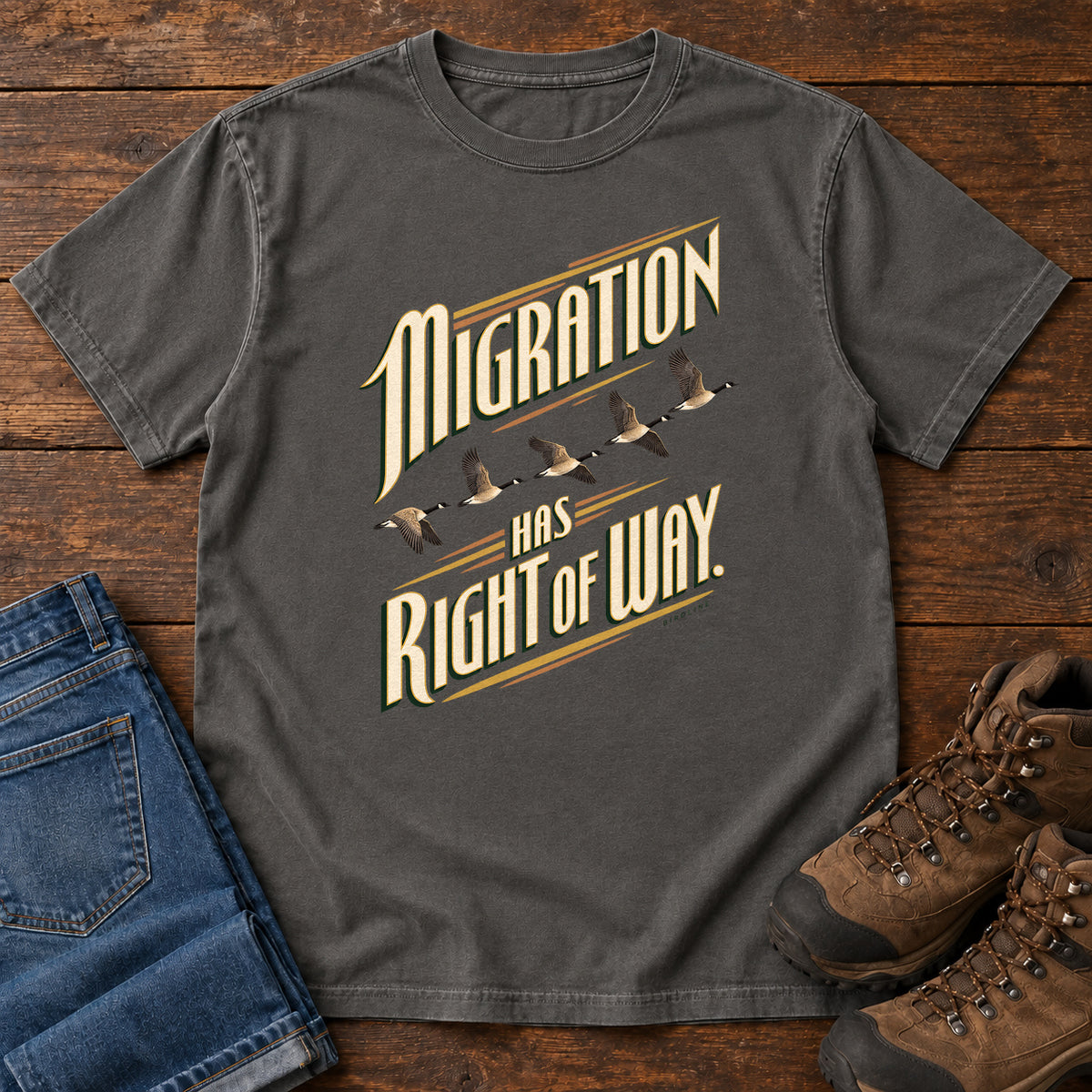 Migration Has Right of Way T-Shirt in Pepper, right side