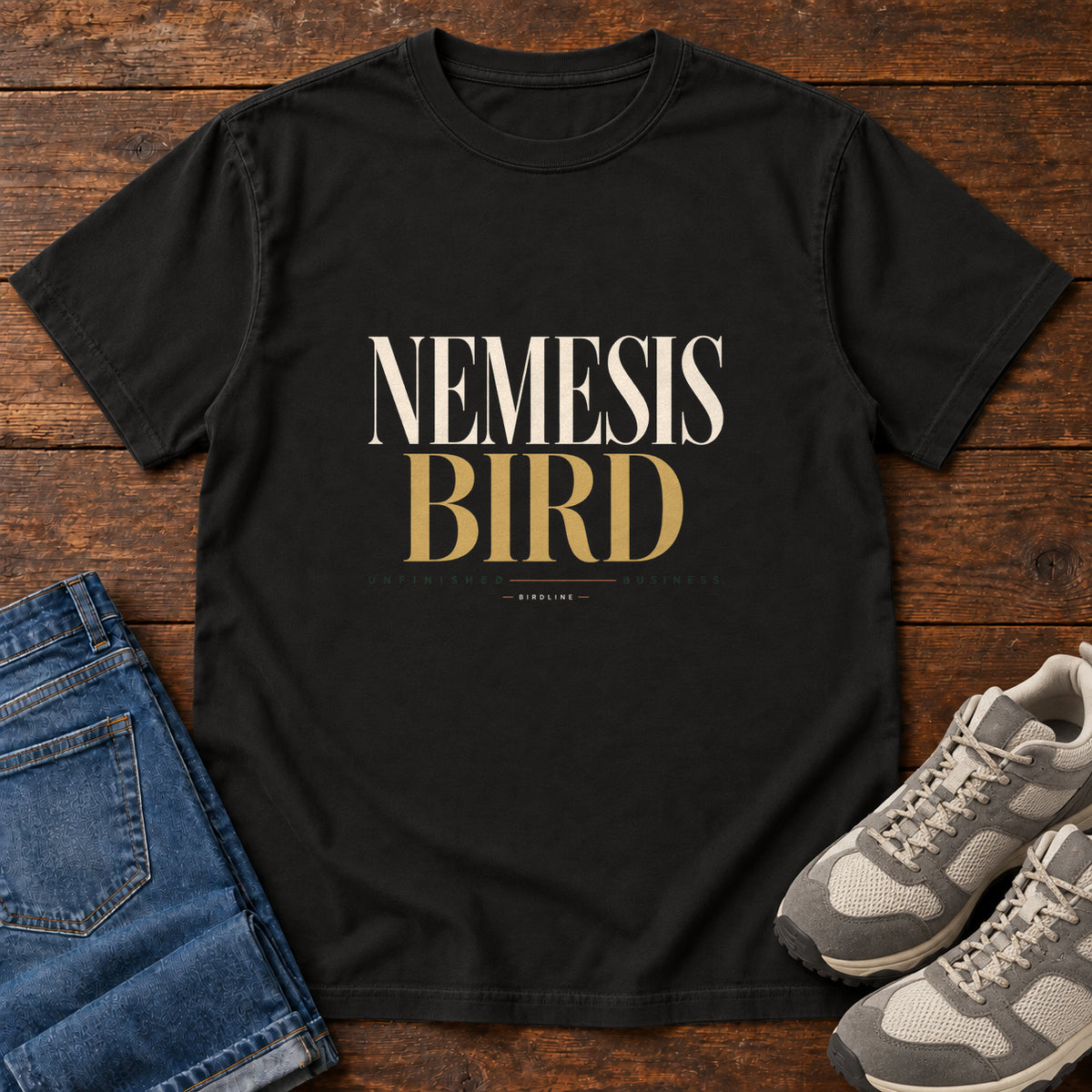 Black Nemesis Bird T-Shirt with cream-and-gold serif lettering, front flat lay on wood.