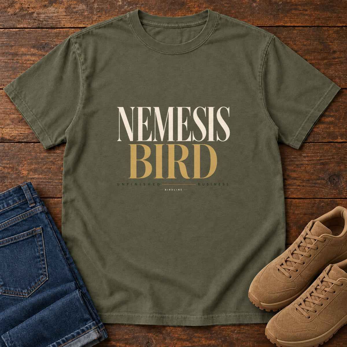 Sage Nemesis Bird T-Shirt with cream-and-gold serif lettering, front flat lay on wood.