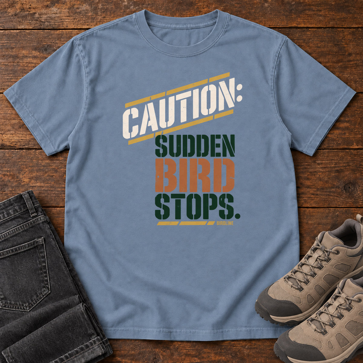 Caution Sudden Bird Stops T-Shirt in Blue Jean