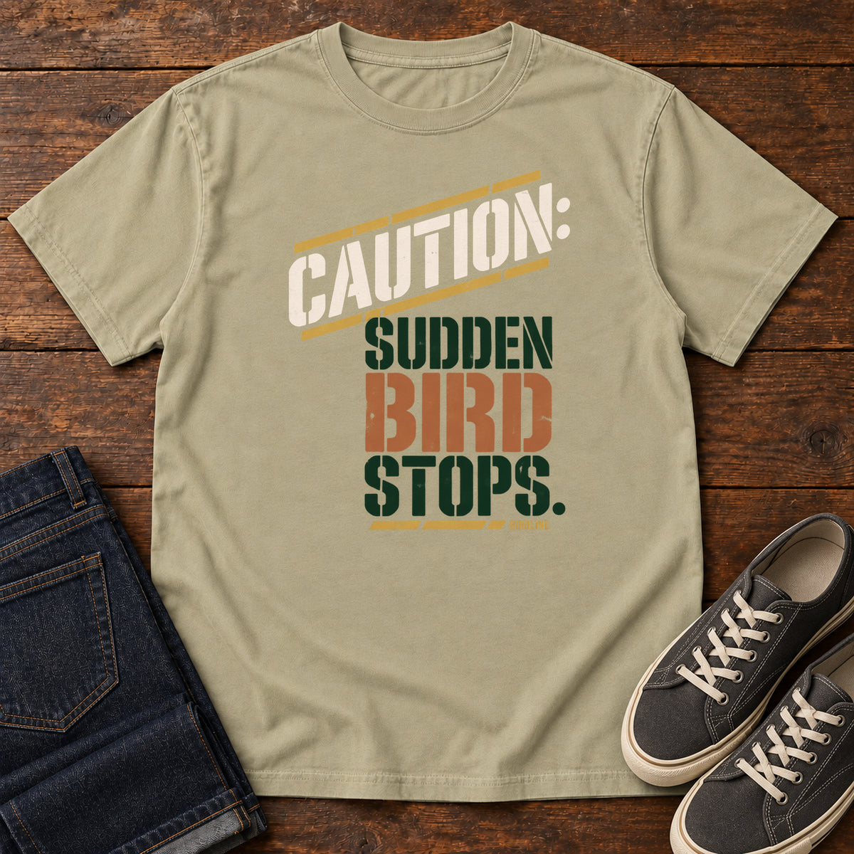 Caution Sudden Bird Stops T-Shirt in Khaki