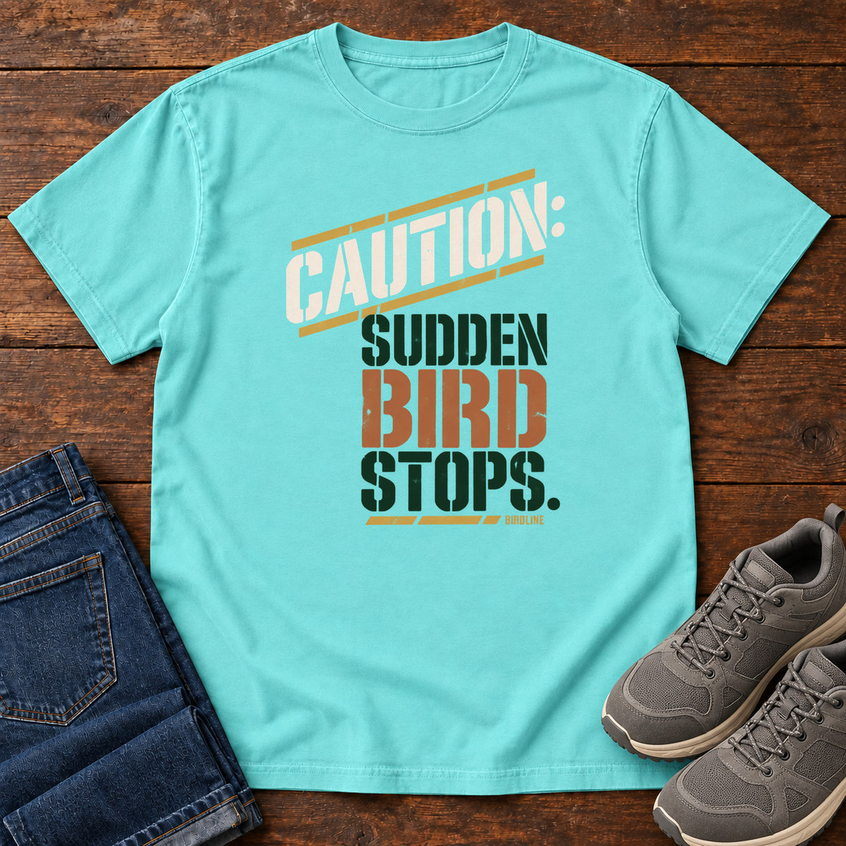 Caution Sudden Bird Stops T-Shirt in Lagoon Blue