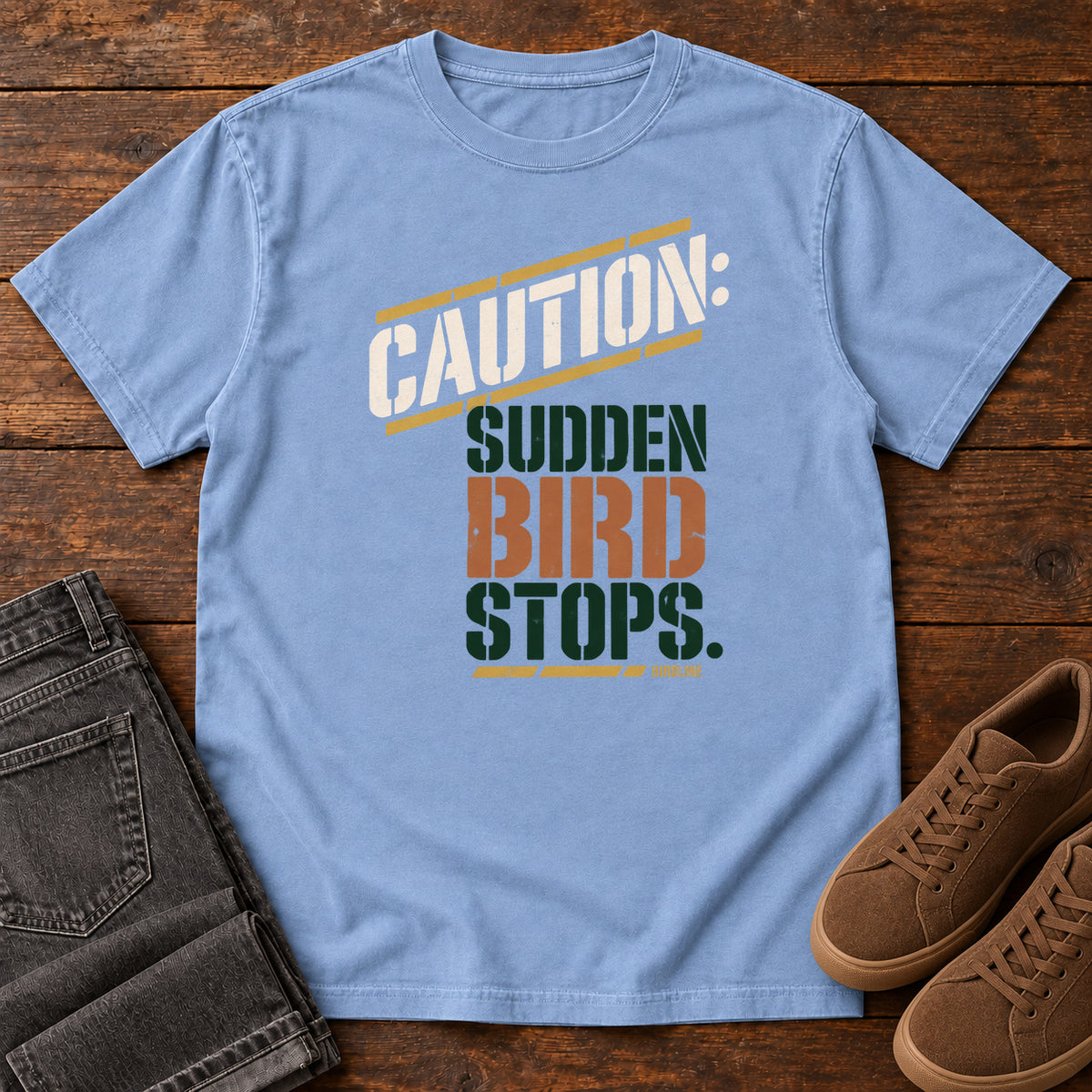 Caution Sudden Bird Stops T-Shirt in Washed Denim