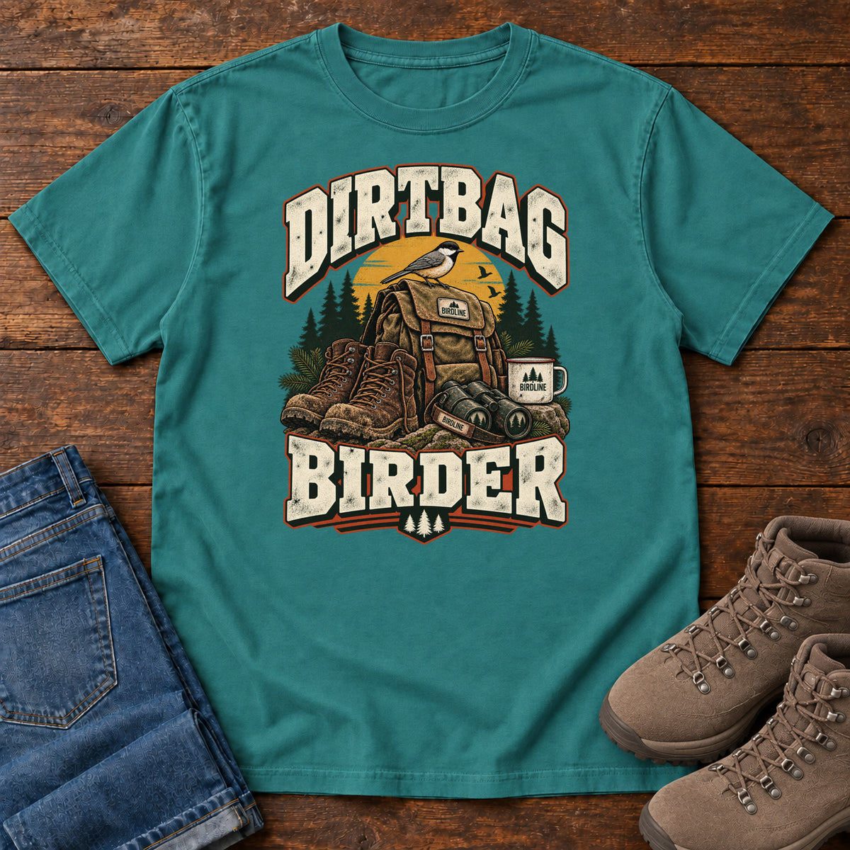 Emerald Dirtbag Birder T-Shirt with hiking boots, a backpack, binoculars and a camping mug beneath cream lettering, front flat lay on wood.