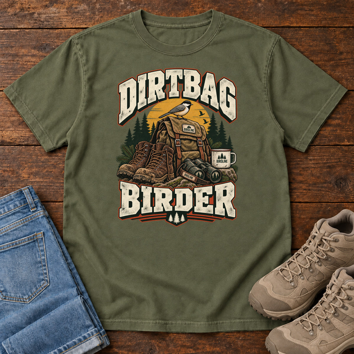 Hemp Dirtbag Birder T-Shirt with hiking boots, a backpack, binoculars and a camping mug beneath cream lettering, front flat lay on wood.