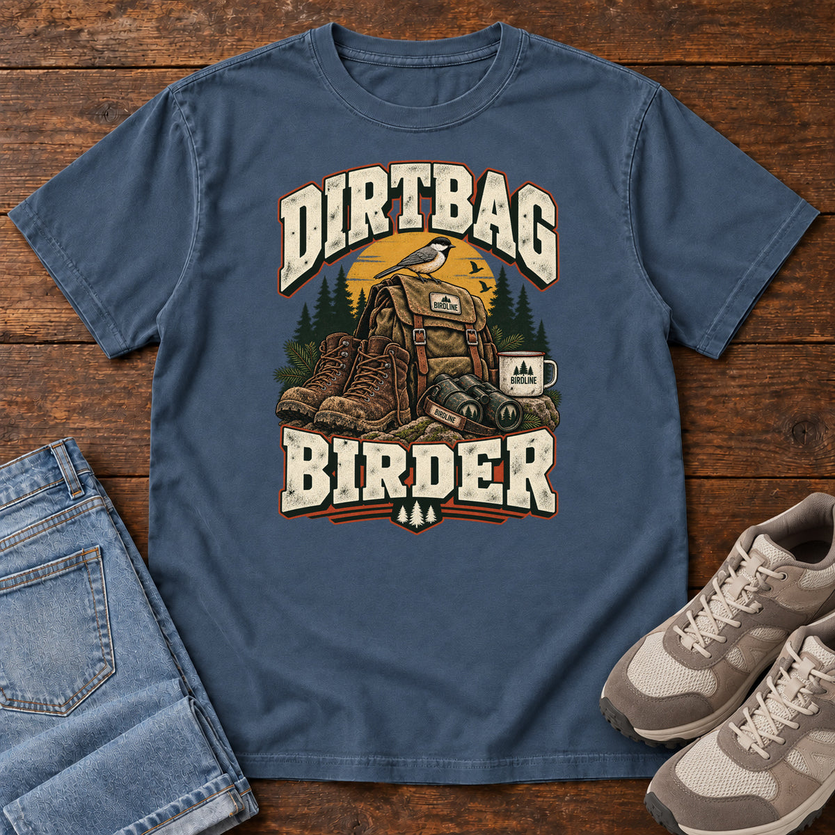 Midnight Dirtbag Birder T-Shirt with hiking boots, a backpack, binoculars and a camping mug beneath cream lettering, front flat lay on wood.