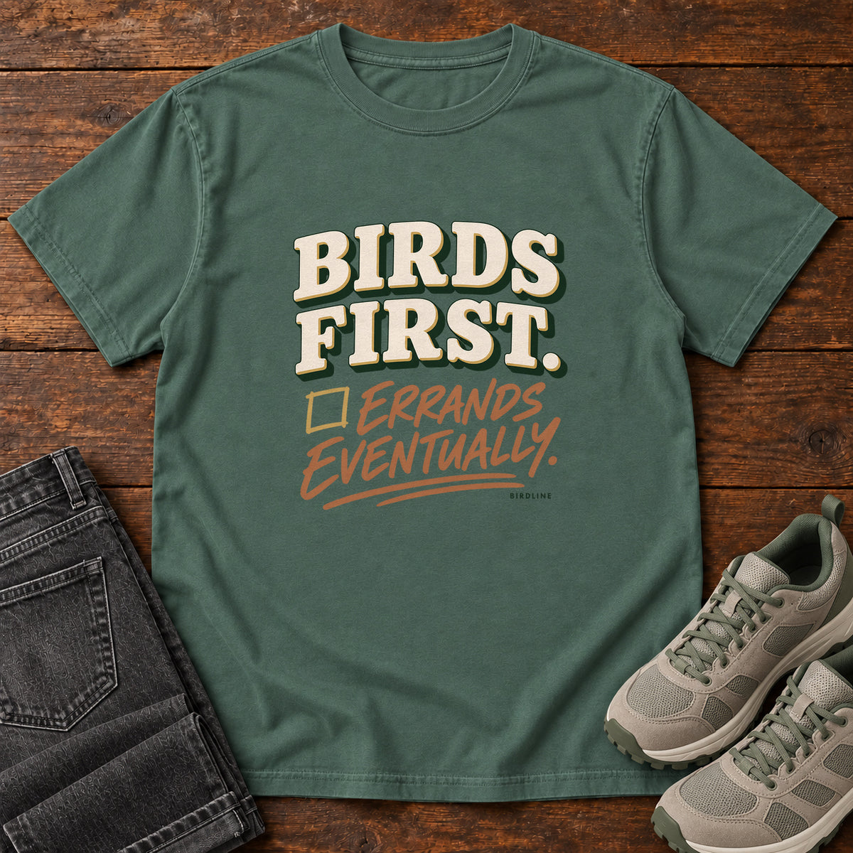 Birds First Errands Eventually T-Shirt in Blue Spruce