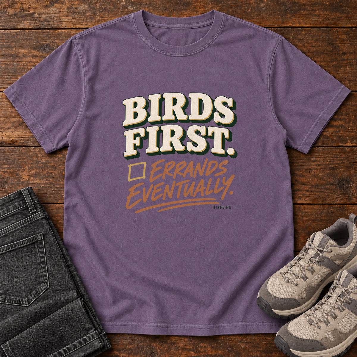 Birds First Errands Eventually T-Shirt in Grape