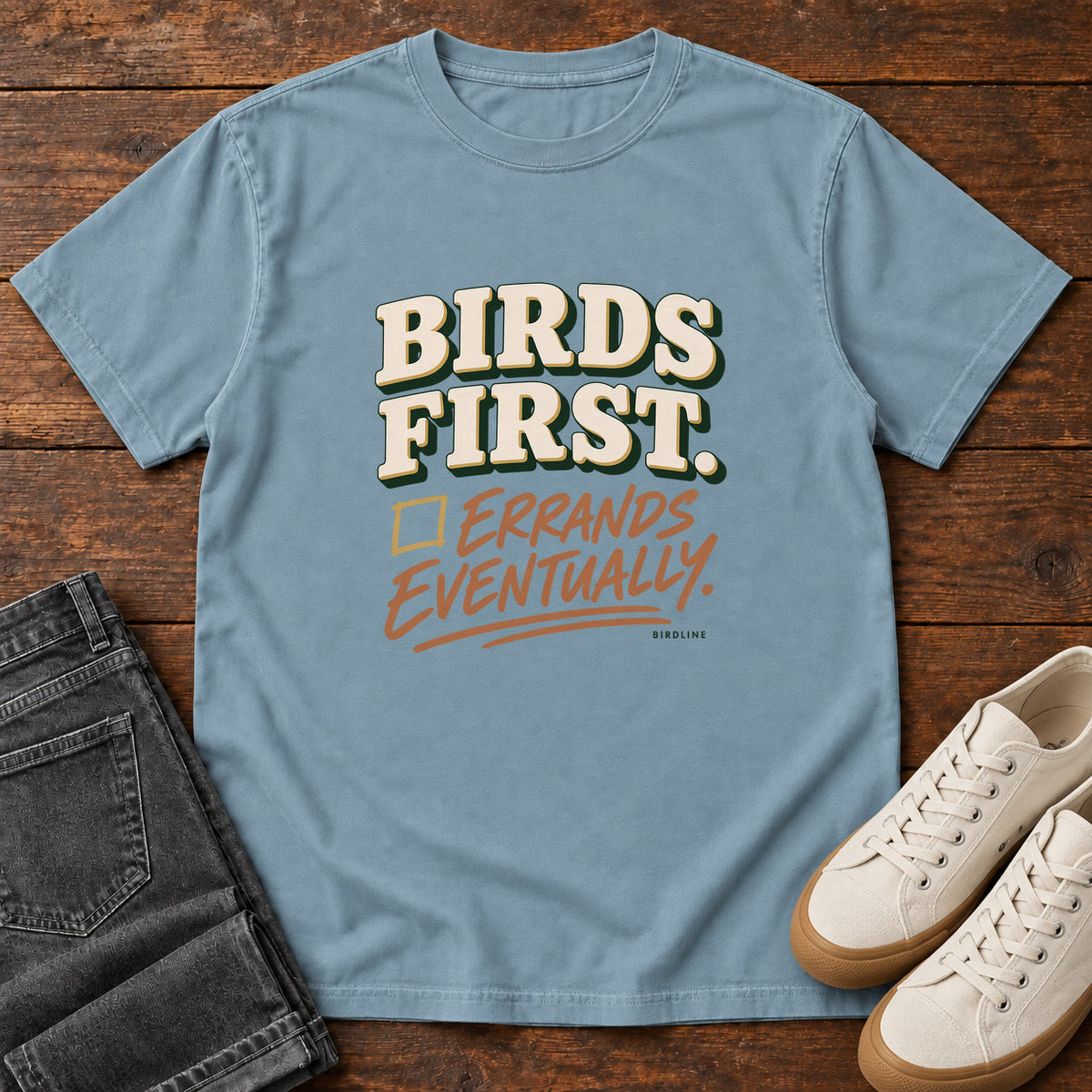 Birds First Errands Eventually T-Shirt in Ice Blue