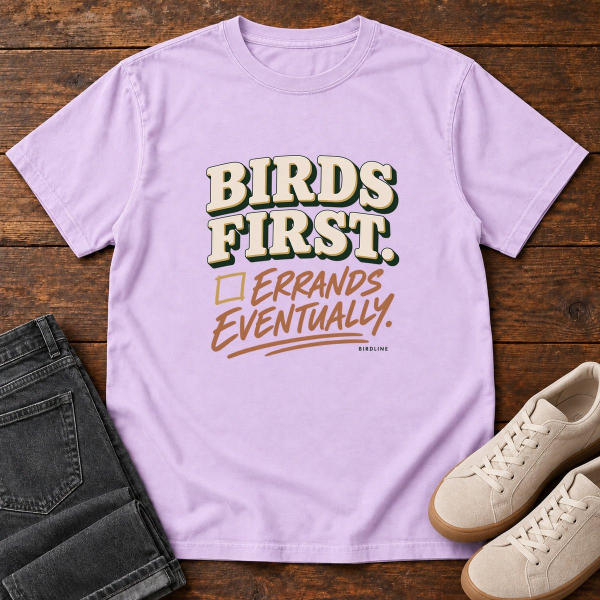 Birds First Errands Eventually T-Shirt in Orchid
