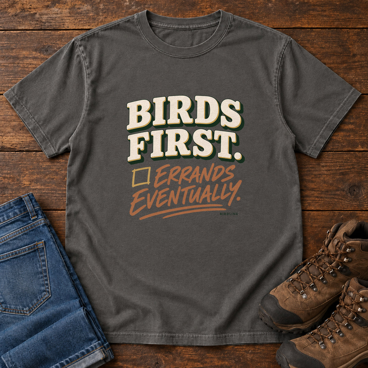 Birds First Errands Eventually T-Shirt in Pepper