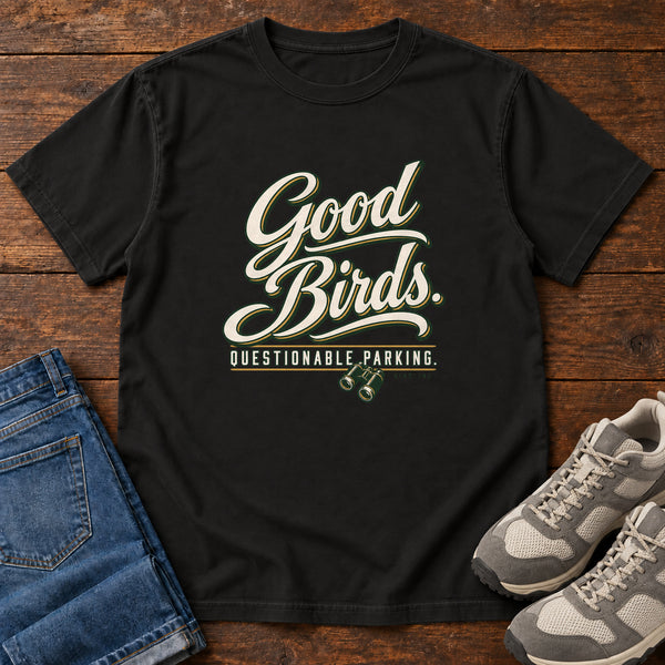 Good Birds Questionable Parking T-Shirt in Black, front view