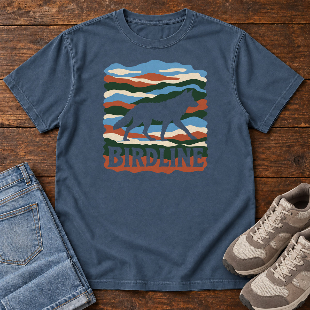 Midnight Birdline Wolf Modern T-Shirt with a wolf silhouette over wavy multicolor stripes and Birdline lettering, front flat lay on wood.