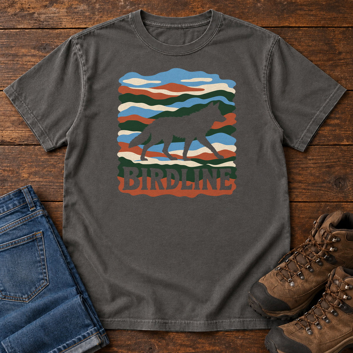 Pepper Birdline Wolf Modern T-Shirt with a wolf silhouette over wavy multicolor stripes and Birdline lettering, front flat lay on wood.