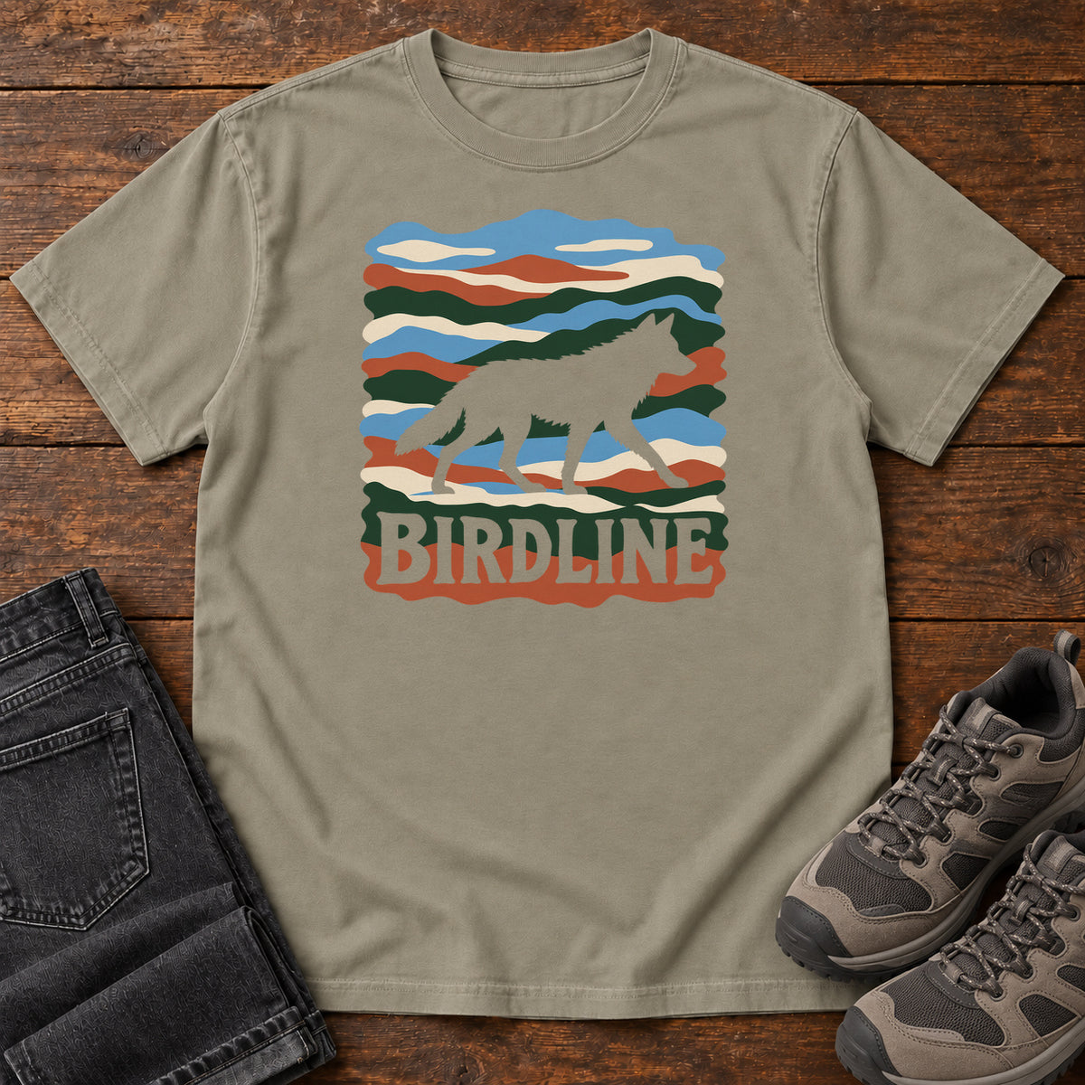 Sandstone Birdline Wolf Modern T-Shirt with a wolf silhouette over wavy multicolor stripes and Birdline lettering, front flat lay on wood.