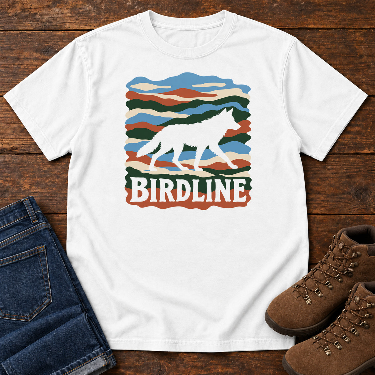 White Birdline Wolf Modern T-Shirt with a wolf silhouette over wavy multicolor stripes and Birdline lettering, front flat lay on wood.