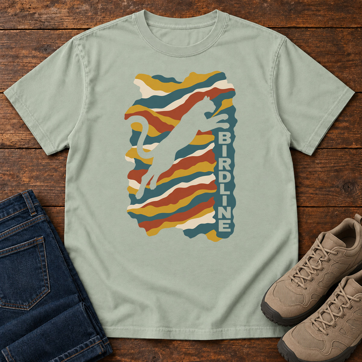 Bay Birdline Leaping Cat T-Shirt with a leaping cat silhouette over colorful wavy stripes and vertical Birdline lettering; front flat lay on wood.
