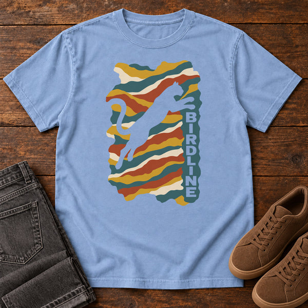 Birdline Leaping Cat T-Shirt in Washed Denim, front view