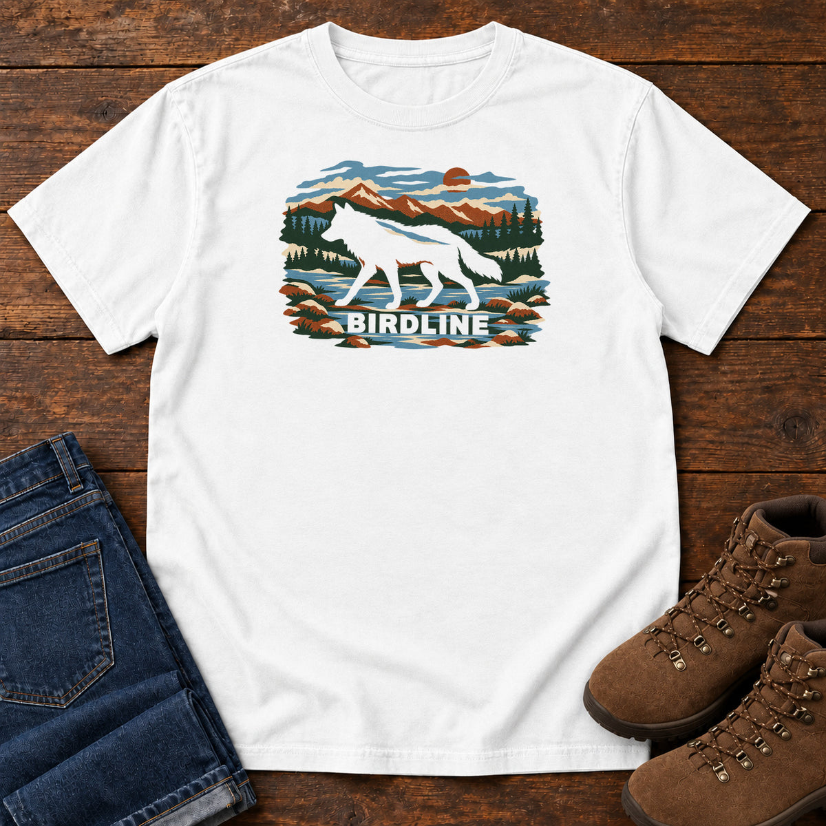 White Birdline Wolf Mountain T-Shirt with a wolf silhouette in a mountain, forest and river scene with Birdline lettering, front flat lay on wood.