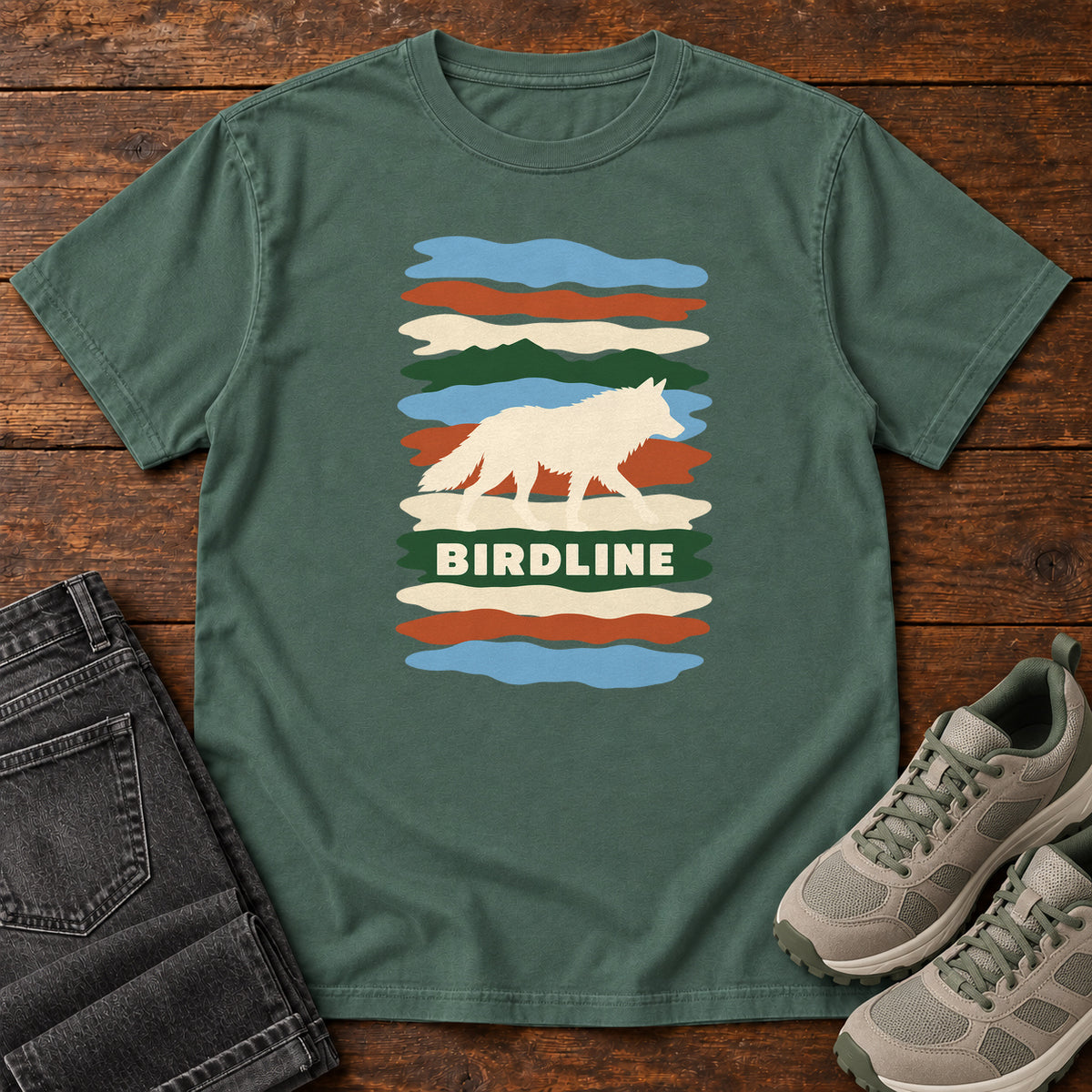 Blue Spruce Birdline White Wolf Stripes T-Shirt with a cream wolf silhouette over colorful wavy stripes and Birdline lettering; front flat lay on wood.