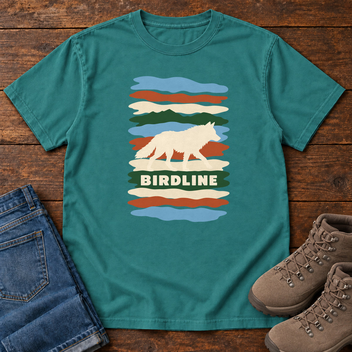 Emerald Birdline White Wolf Stripes T-Shirt with a cream wolf silhouette over colorful wavy stripes and Birdline lettering; front flat lay on wood.