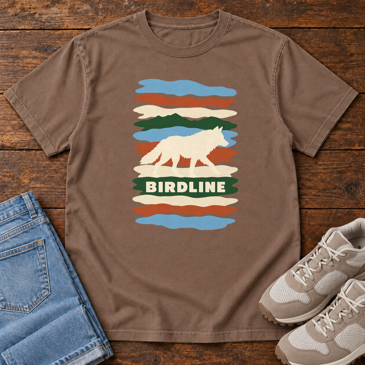 Espresso Birdline White Wolf Stripes T-Shirt with a cream wolf silhouette over colorful wavy stripes and Birdline lettering; front flat lay on wood.