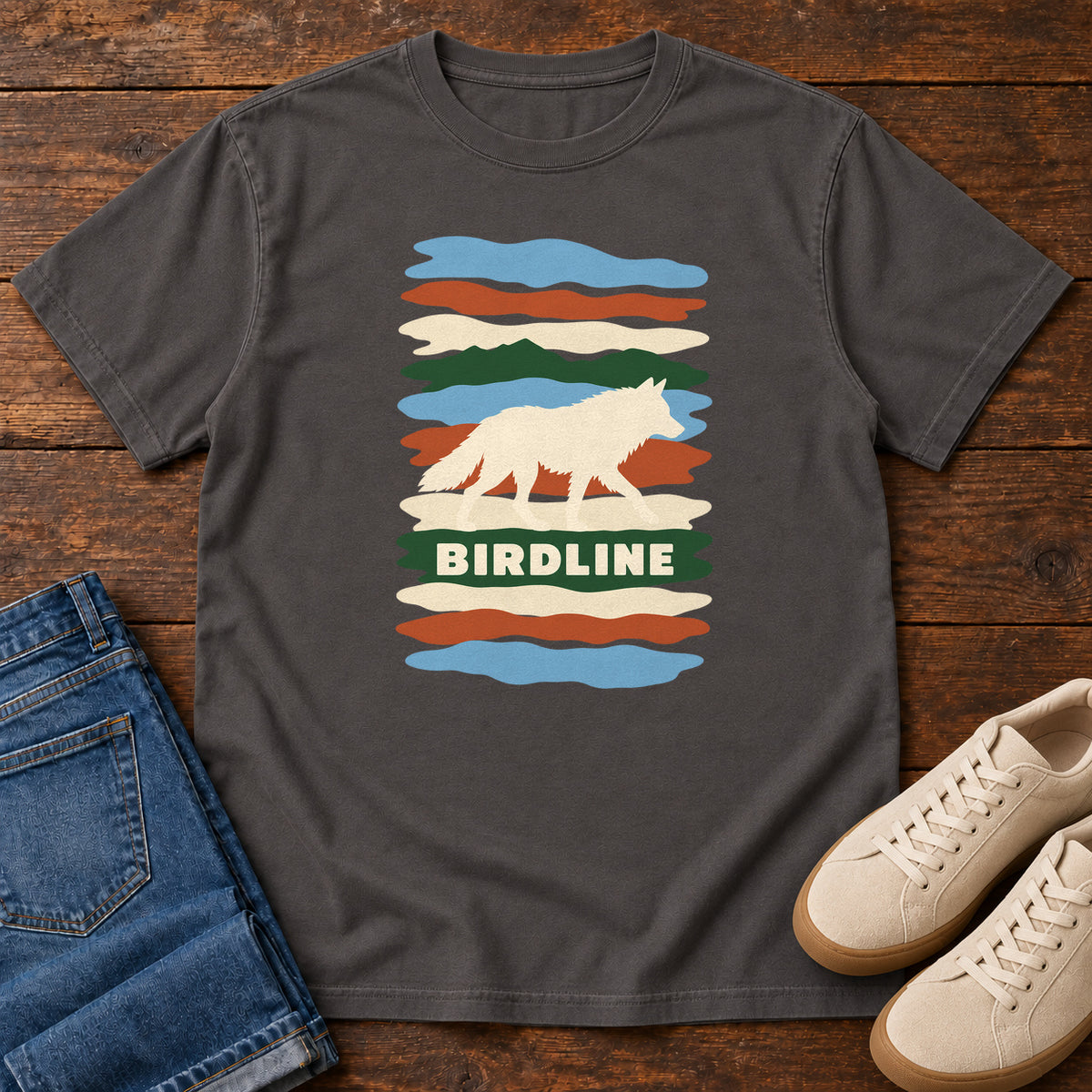 Graphite Birdline White Wolf Stripes T-Shirt with a cream wolf silhouette over colorful wavy stripes and Birdline lettering; front flat lay on wood.