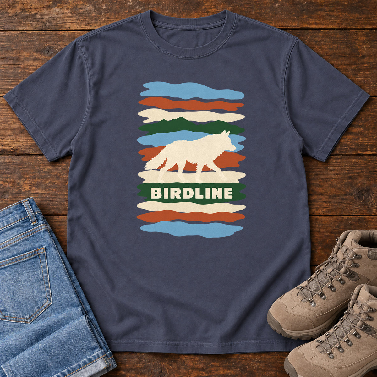 Navy Birdline White Wolf Stripes T-Shirt with a cream wolf silhouette over colorful wavy stripes and Birdline lettering; front flat lay on wood.