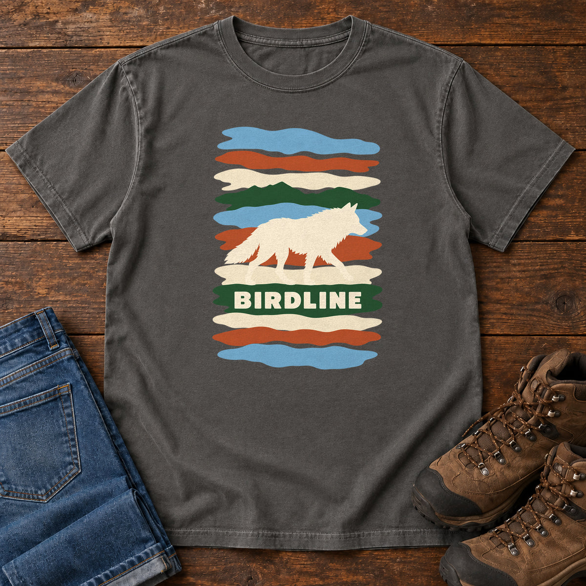 Pepper Birdline White Wolf Stripes T-Shirt with a cream wolf silhouette over colorful wavy stripes and Birdline lettering; front flat lay on wood.