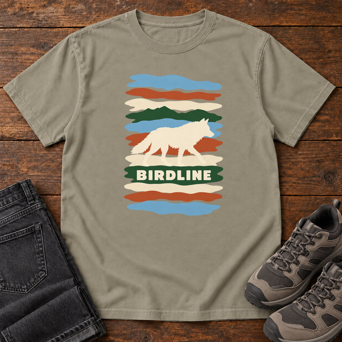 Sandstone Birdline White Wolf Stripes T-Shirt with a cream wolf silhouette over colorful wavy stripes and Birdline lettering; front flat lay on wood.