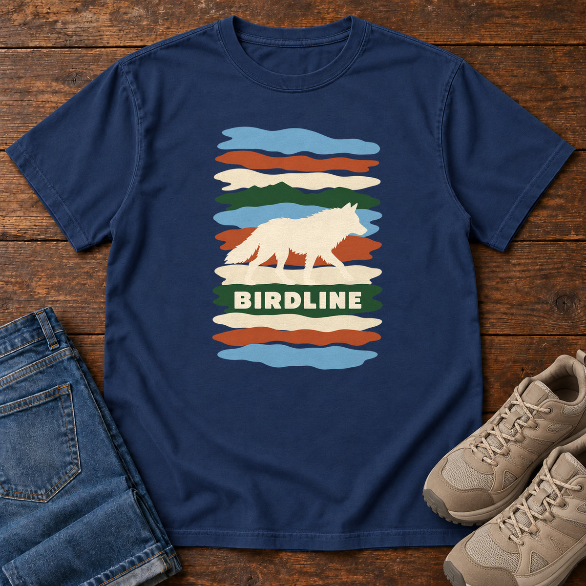 True Navy Birdline White Wolf Stripes T-Shirt with a cream wolf silhouette over colorful wavy stripes and Birdline lettering; front flat lay on wood.