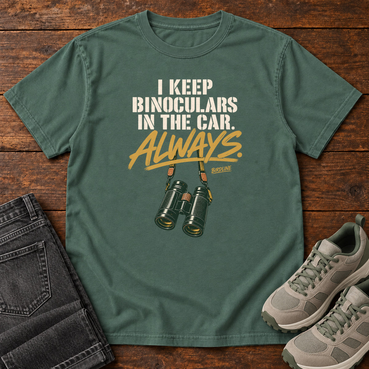 I Keep Binoculars in the Car Always T-Shirt in Blue Spruce