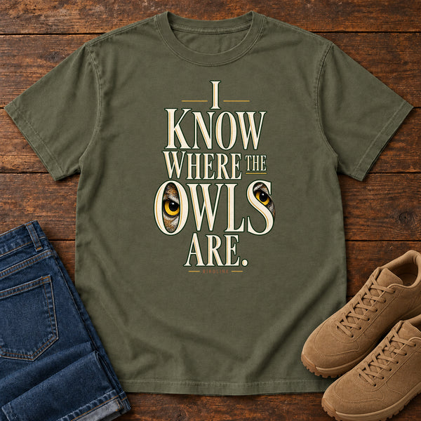 I Know Where the Owls Are T-Shirt in Sage, front view