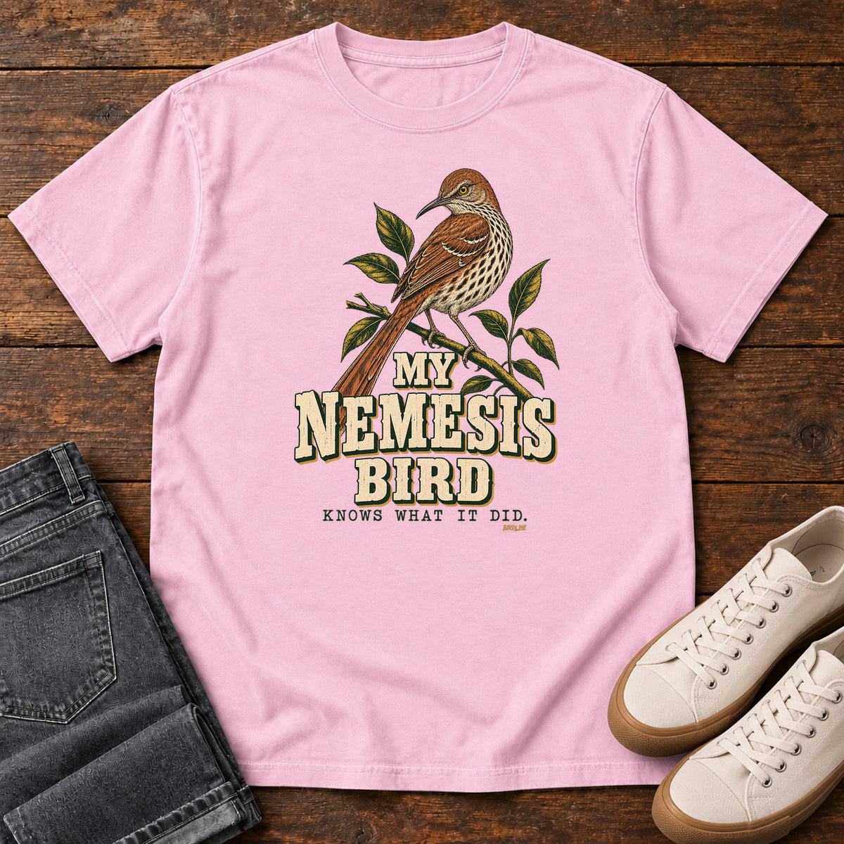 My Nemesis Bird Knows What It Did T-Shirt in Blossom