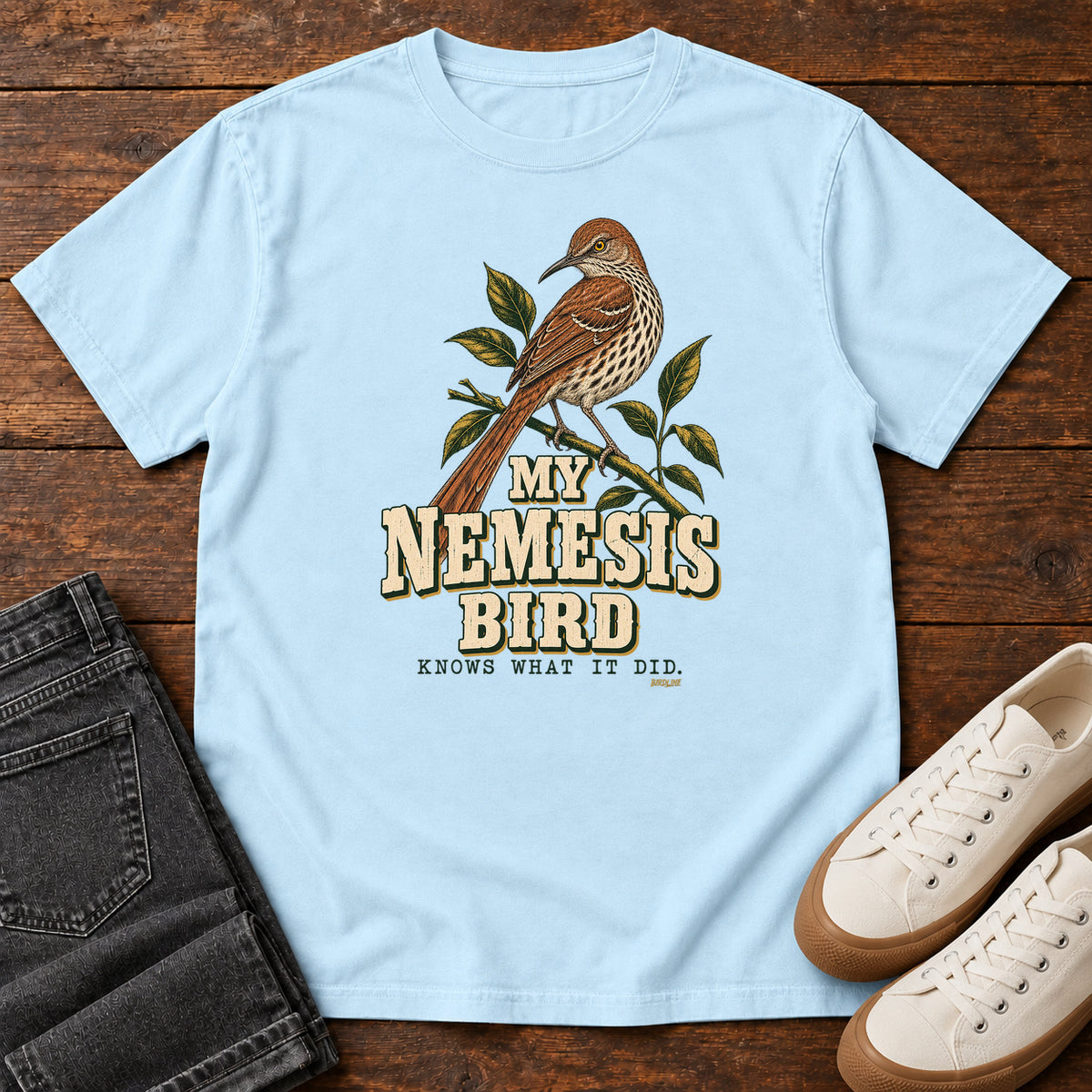 My Nemesis Bird Knows What It Did T-Shirt in Chambray