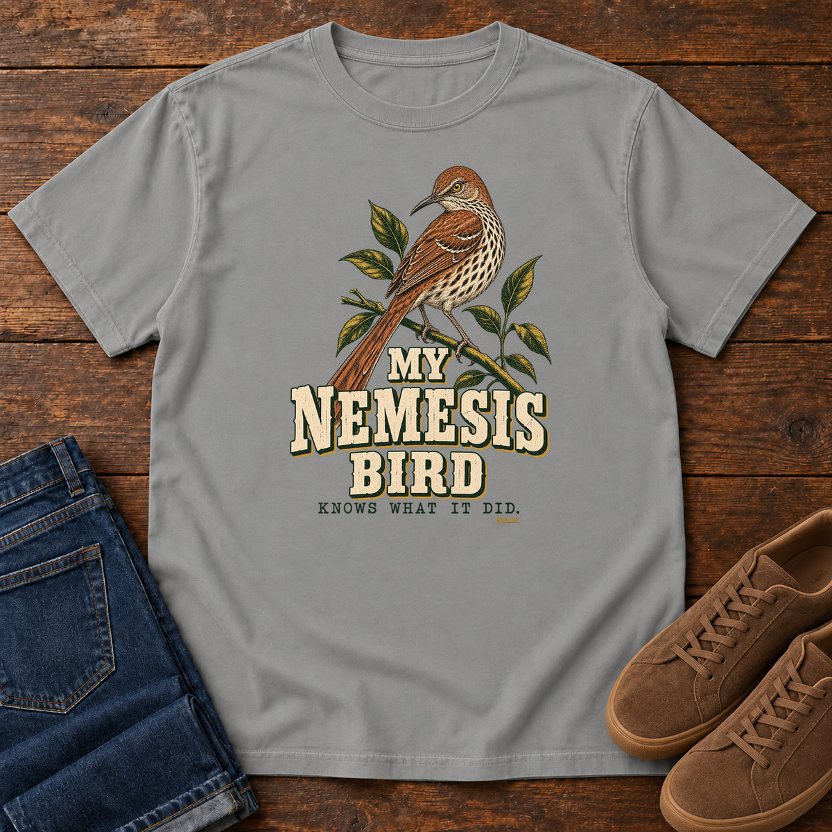 My Nemesis Bird Knows What It Did T-Shirt in Grey