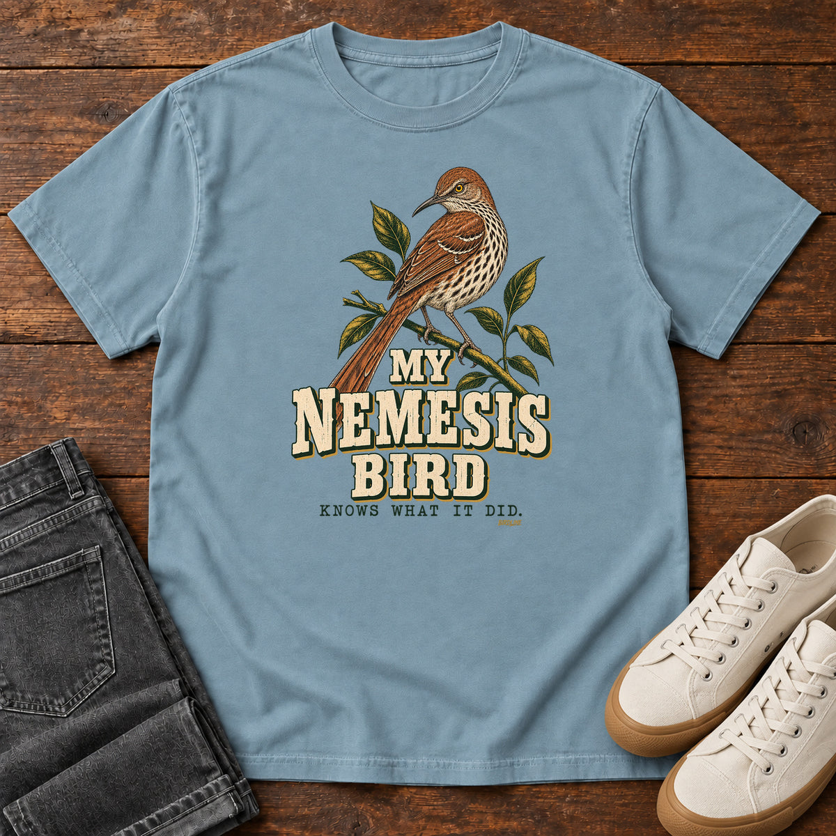 My Nemesis Bird Knows What It Did T-Shirt in Ice Blue