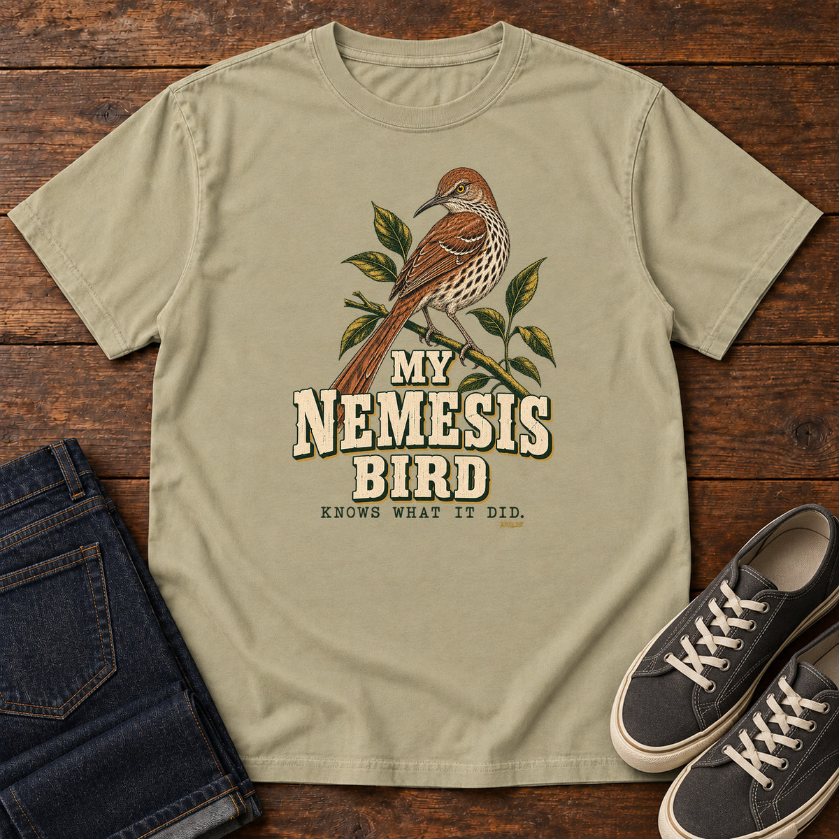 My Nemesis Bird Knows What It Did T-Shirt in Khaki