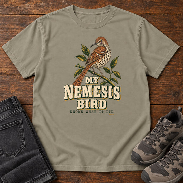 My Nemesis Bird Knows What It Did T-Shirt in Sandstone, front view