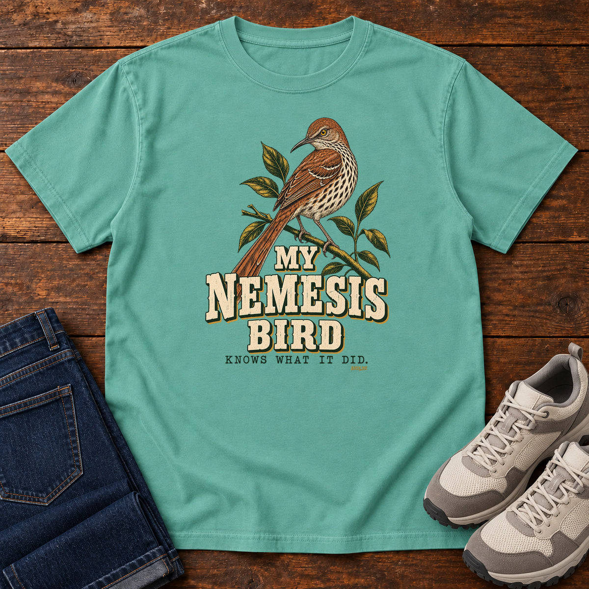 My Nemesis Bird Knows What It Did T-Shirt in Seafoam