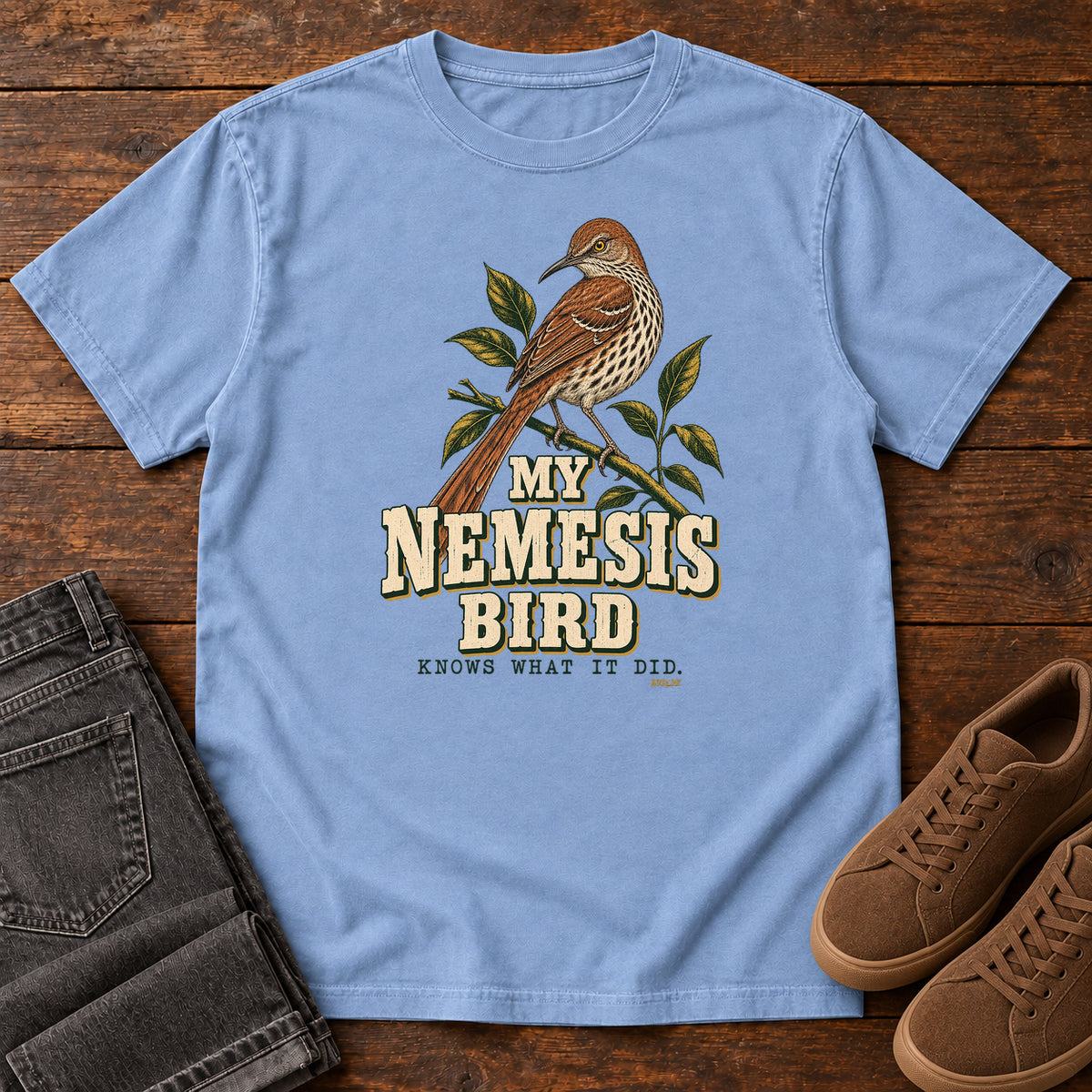 My Nemesis Bird Knows What It Did T-Shirt in Washed Denim